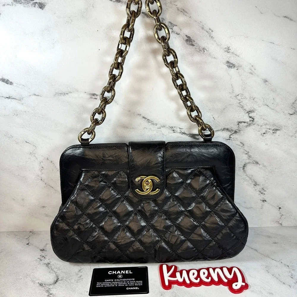 Chanel Frame Shoulder Bag CC Distressed Quilted Leather Black/Gold Thick Chain